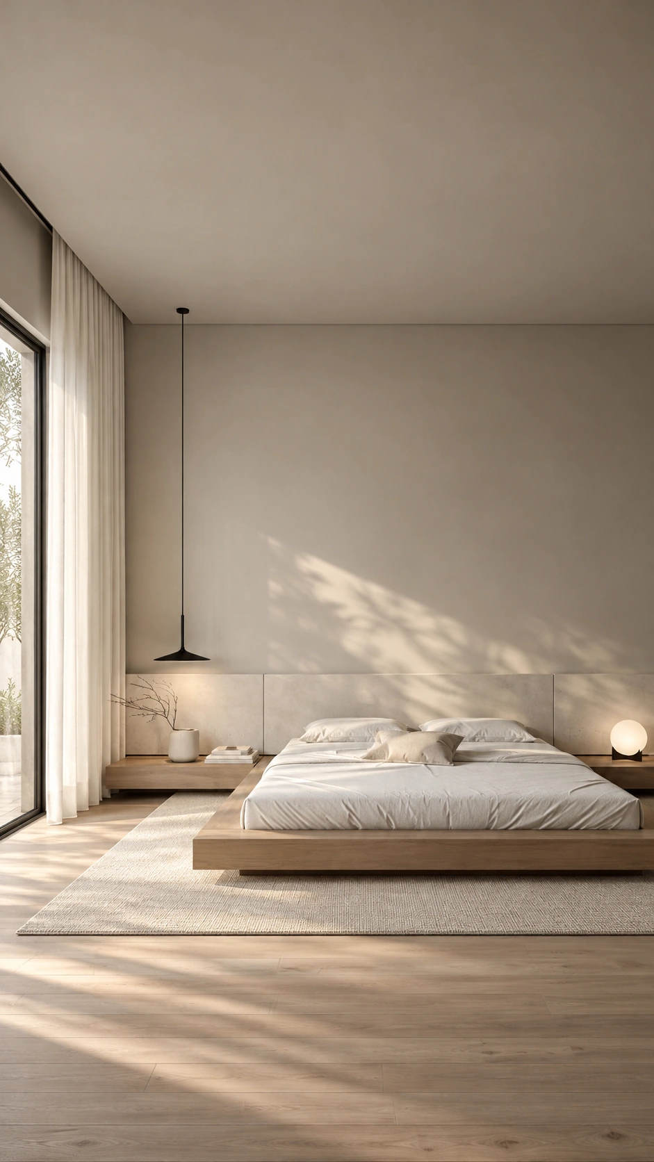 Bed in a softly lit bedroom interior