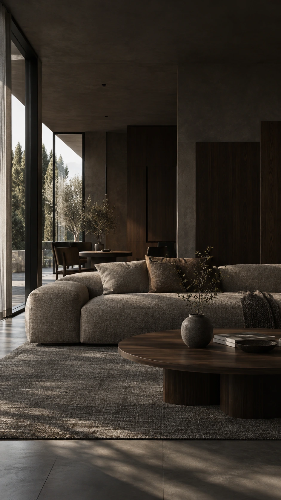 Living room with a neutral sofa and coffee table