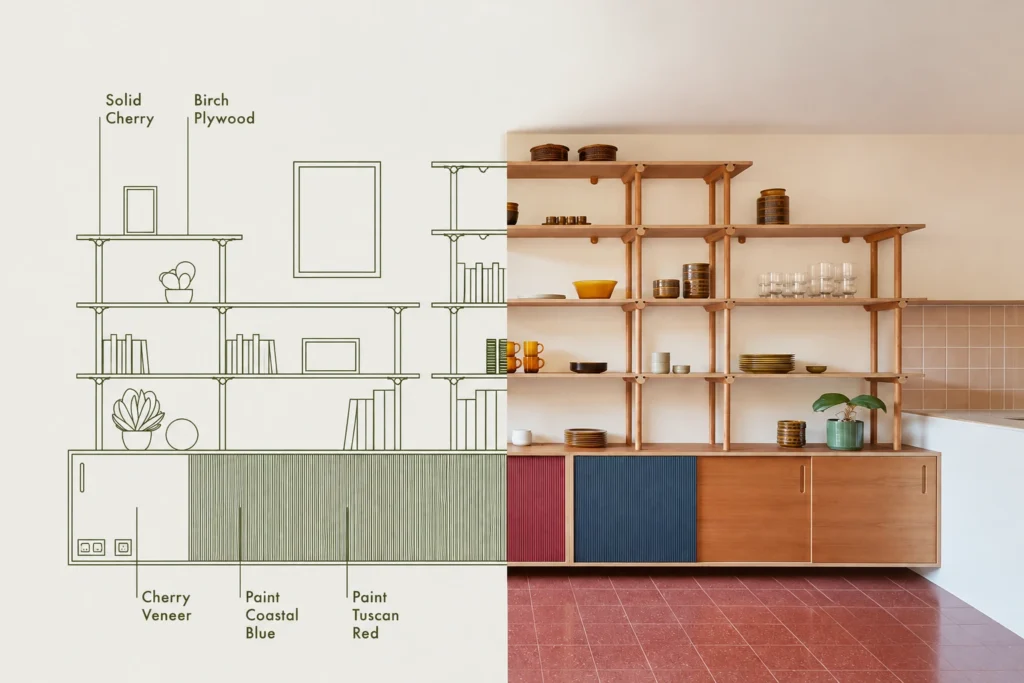 Furniture planning drawing beside a shelving and storage interior