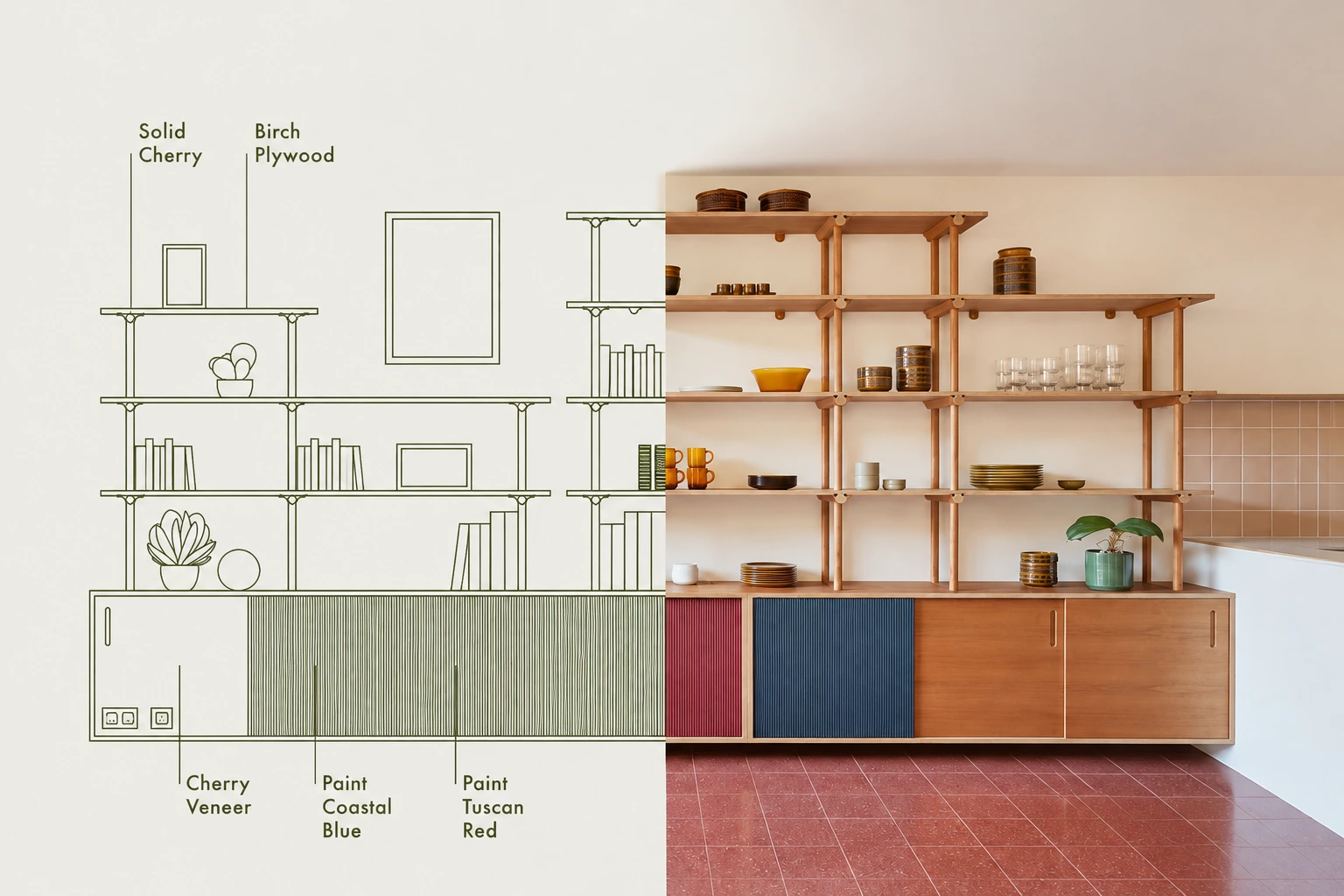 Furniture planning drawing beside a shelving and storage interior