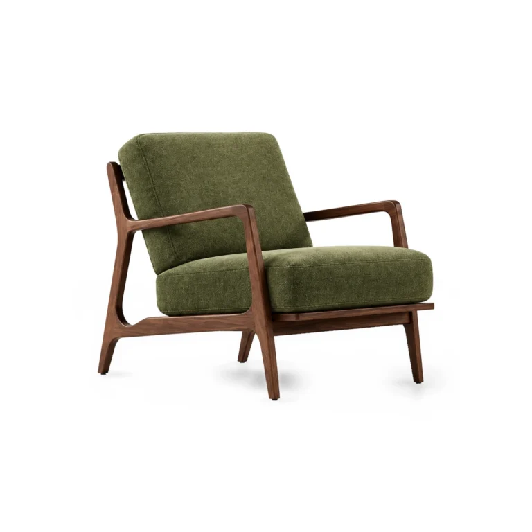 Green upholstered lounge chair on a white background