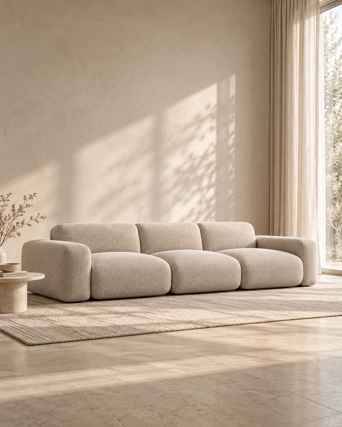 Sofa and side table in a sunlit living room